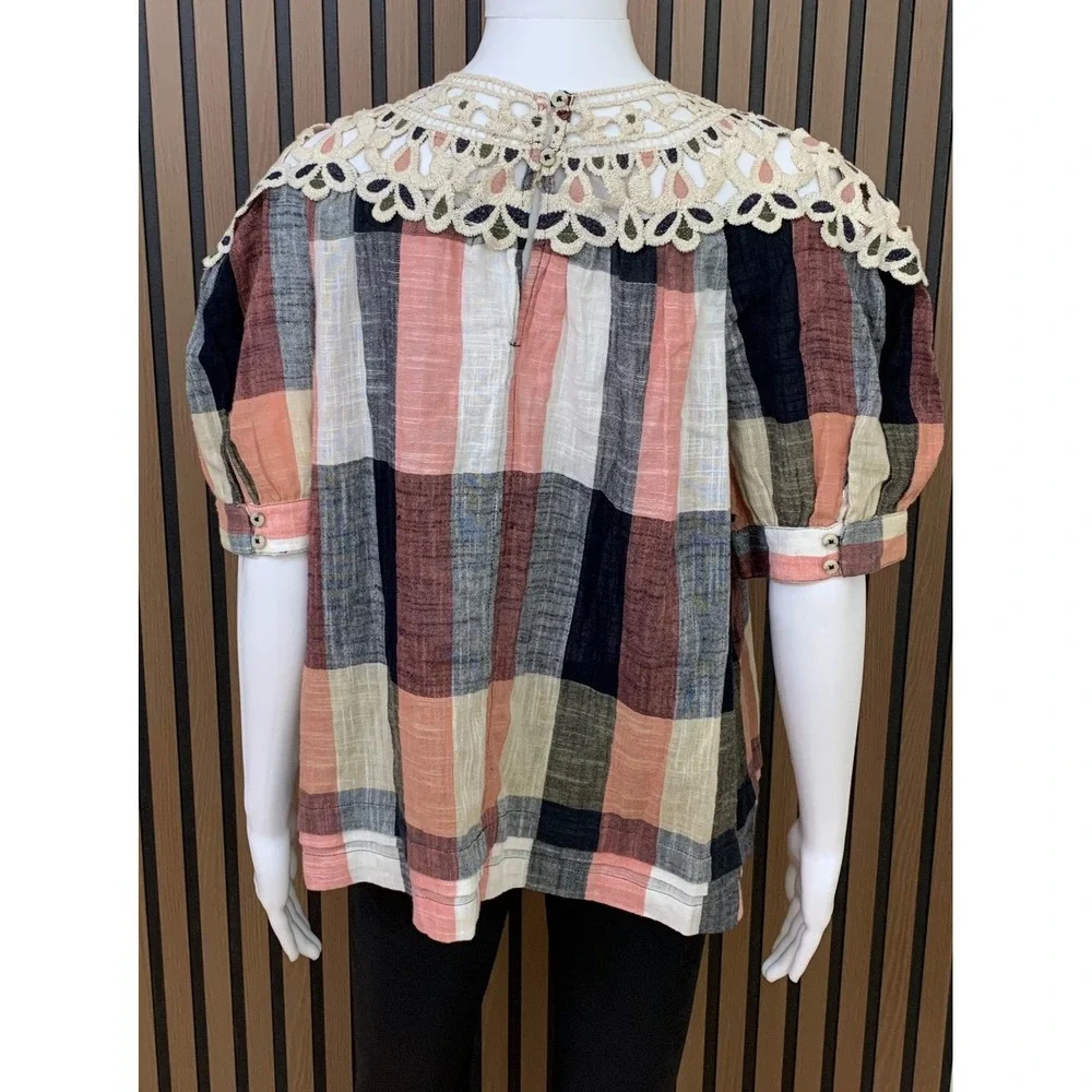 Anthropologie Plaid Crochet Lace Yoke Blouse Pink‎ Navy Cotton Puff Sleeve Large